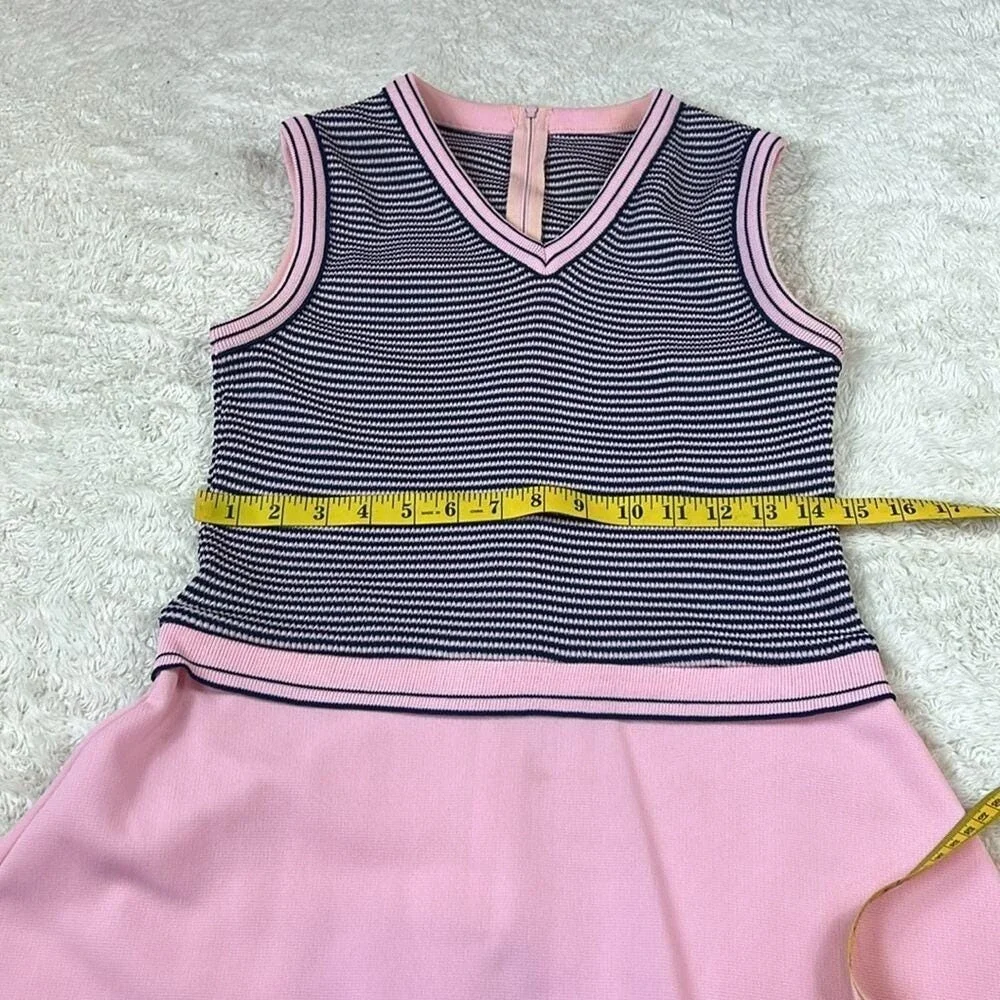 Vintage 60s 70s Striped‎ Knit Dress and Cardigan Set Pink Navy Size 16